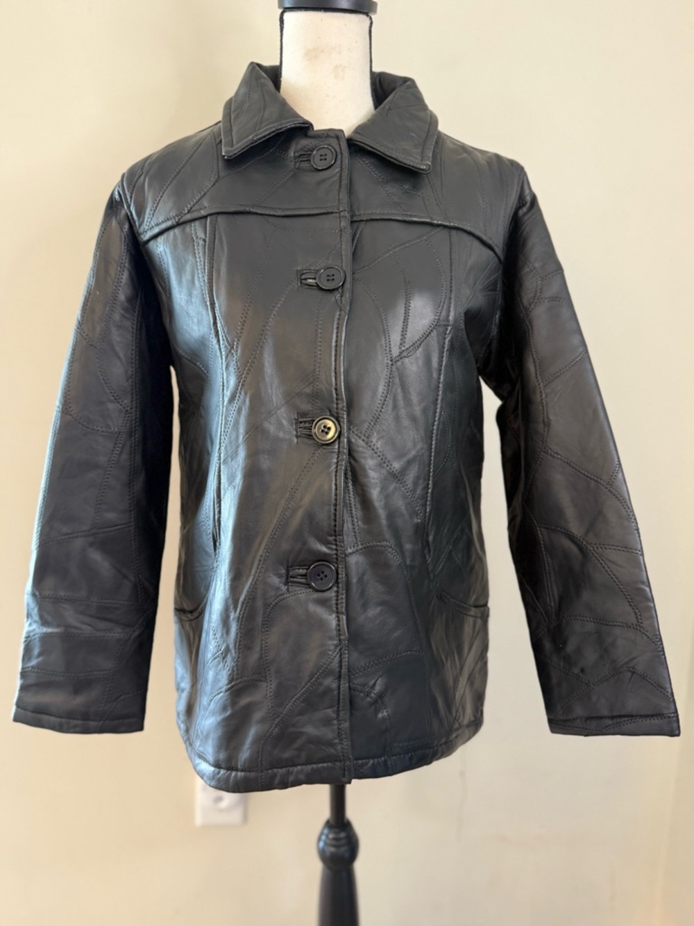 Tudor Court black leather coat removable faux fur vest SZ PS